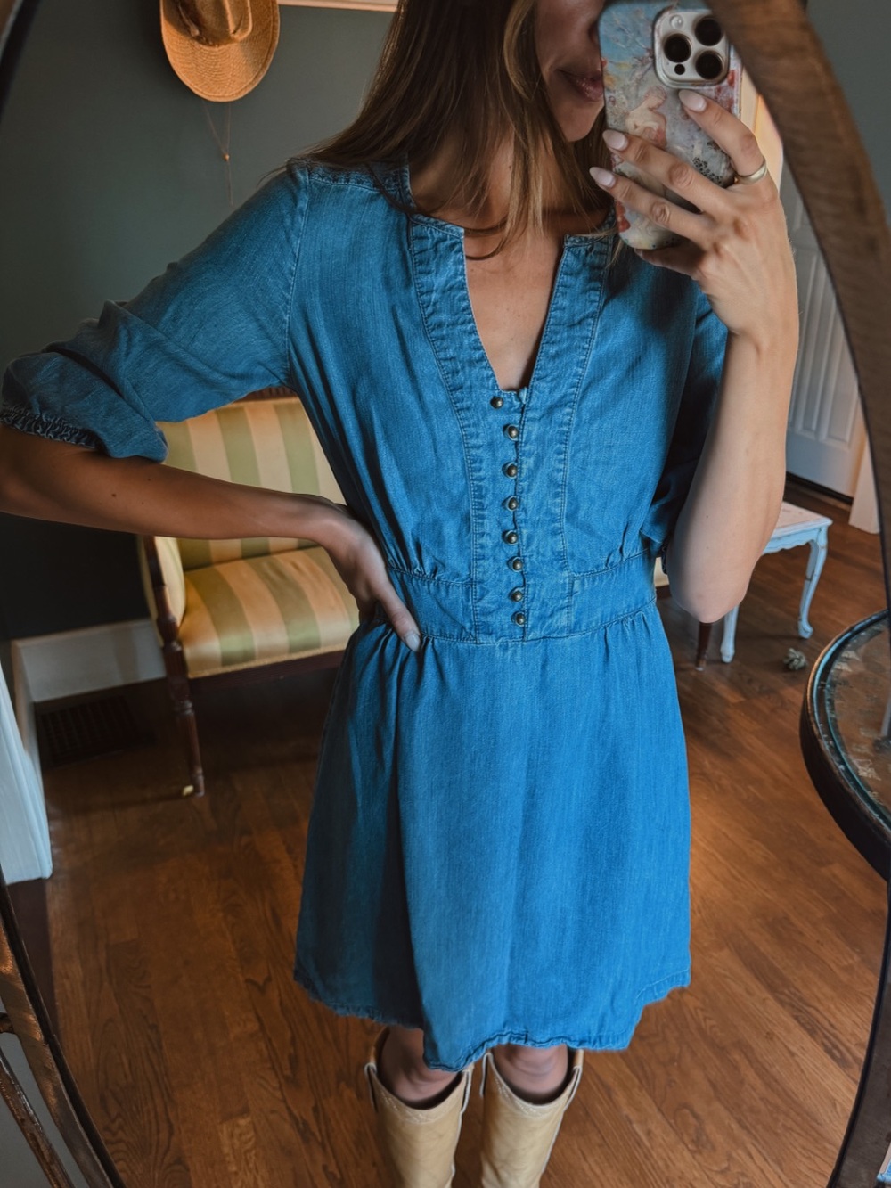 Jodhpur brass button denim 100% lyocell Dress sz 38 / small